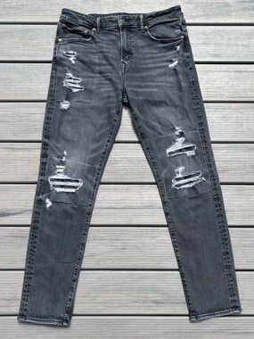 American Eagle; AirFlex+; Distressed; Patchwork; Black; Skinny Jeans; 33W/34L